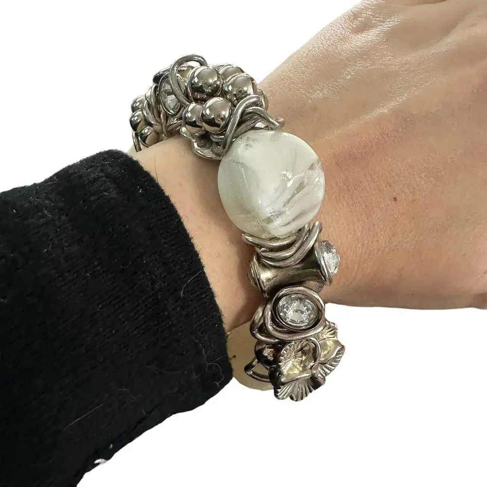 Vintage 90s Silver Tone And Glass Stone Chunky Stretch Bracelet